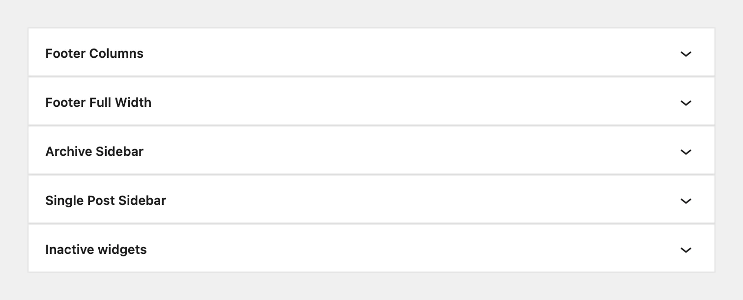 The block based Widgets screen listing the theme's widget areas, from Footer Columns to Single Post Sidebar, with Inactive widgets at the bottom.
