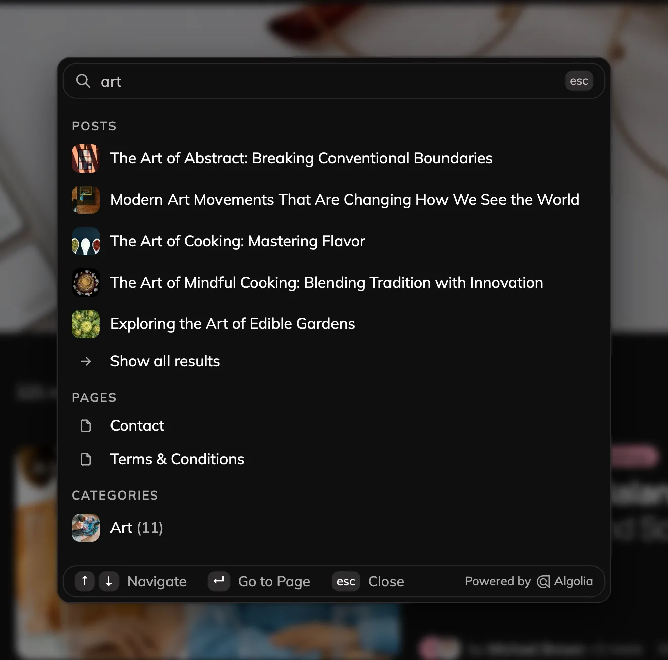The theme search panel with the query art, listing matching posts, pages and a category, with Powered by Algolia at the bottom