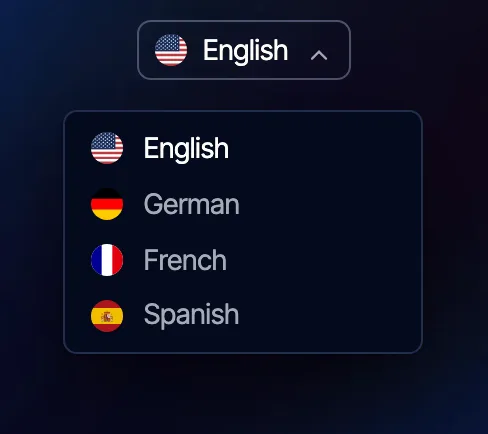 The theme's language switcher open, listing English, German, French and Spanish, each with its flag.
