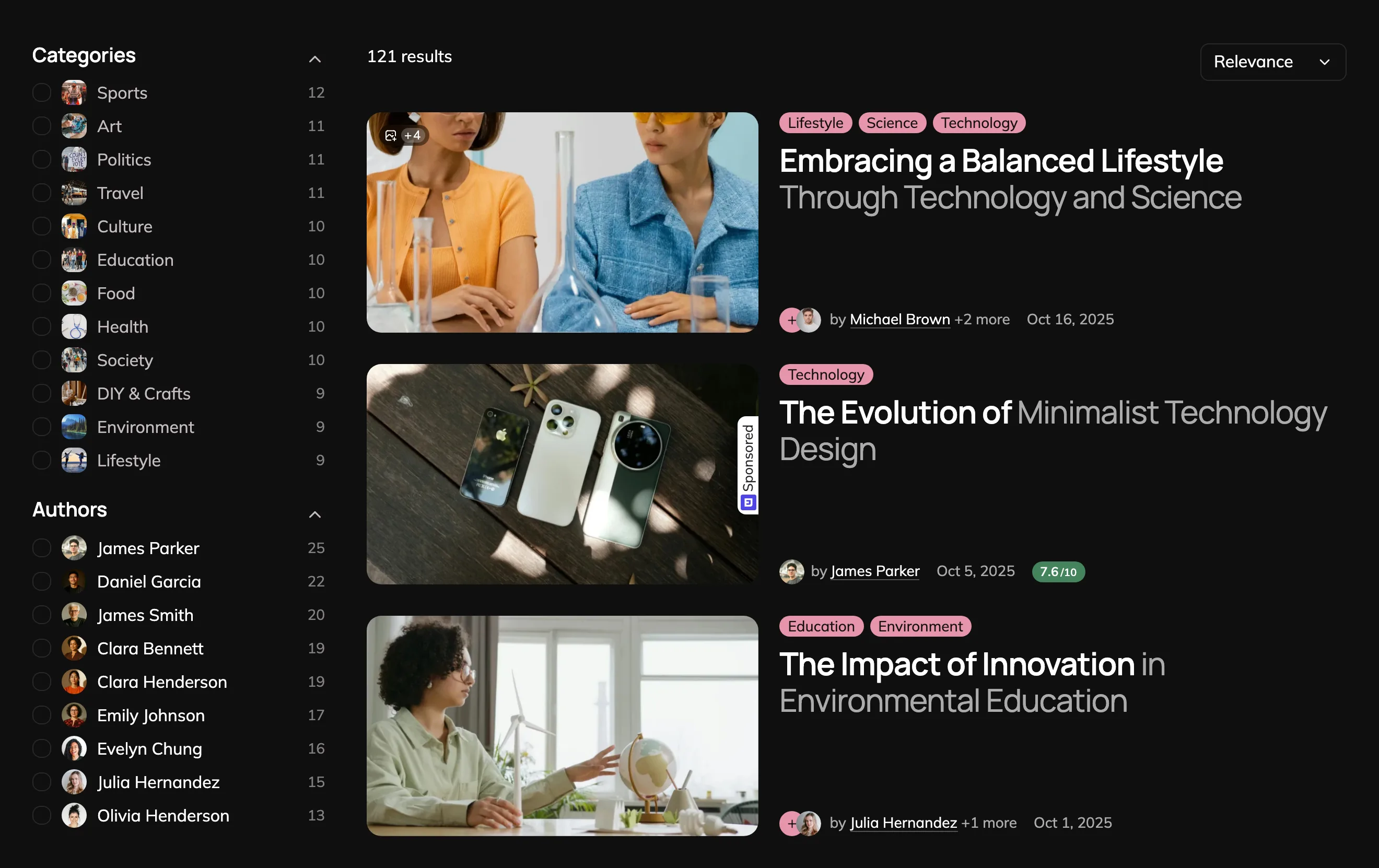 A live listing with category and author filters on the left, 121 results, a Relevance sort menu and post cards on the right