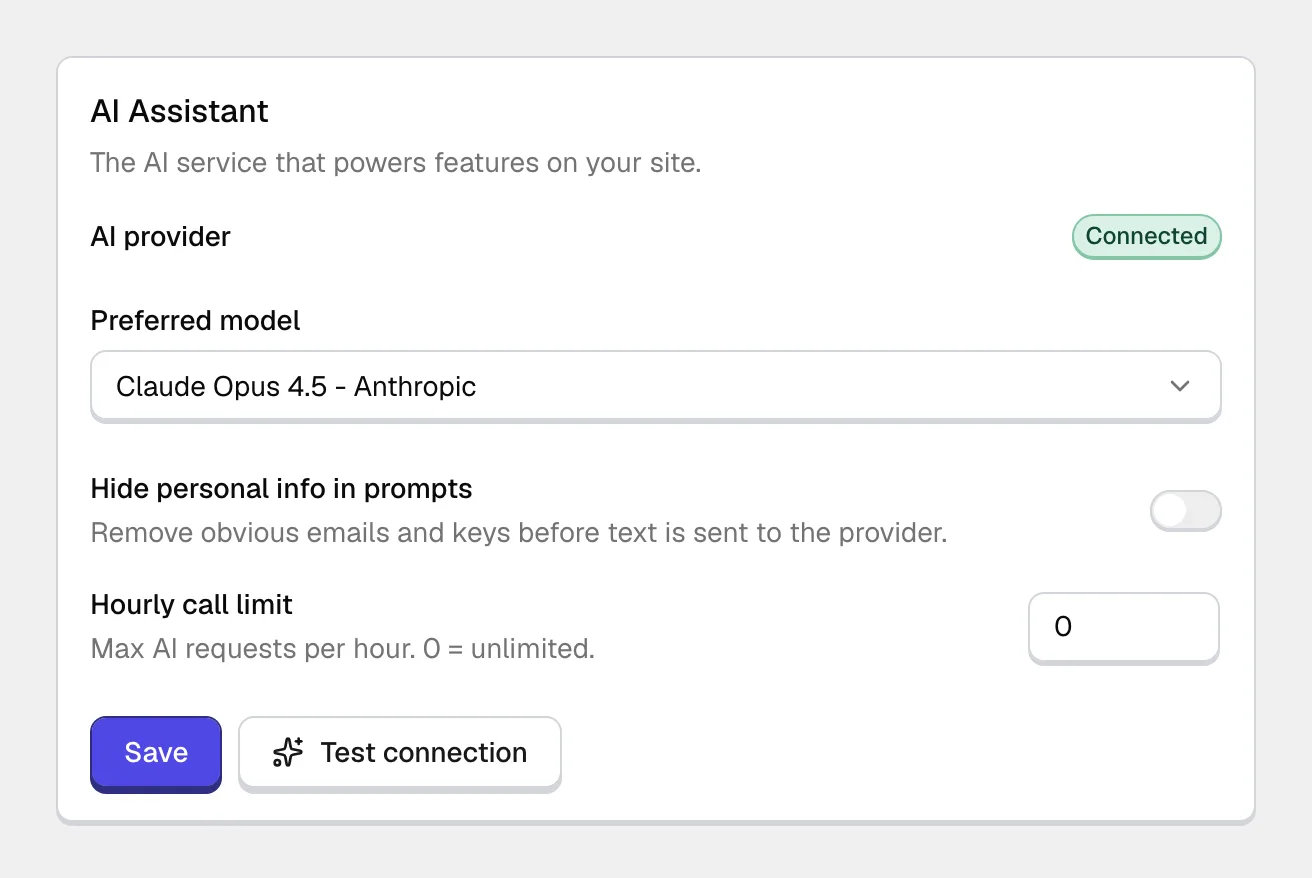 The AI Assistant card on the Assistant tab: the AI provider row marked Connected, a Preferred model dropdown set to a Claude model, a Hide personal info in prompts switch turned off, an Hourly call limit of 0, and Save and Test connection buttons.