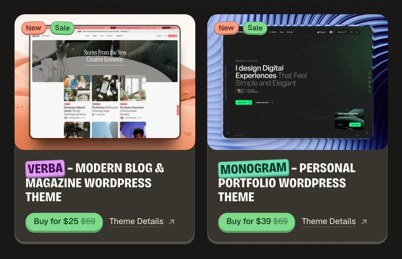 Two theme cards in the jkdevstudio catalog, each with a preview image, the theme name, a Buy for button showing the sale price next to the crossed-out regular price, and a Theme Details link.