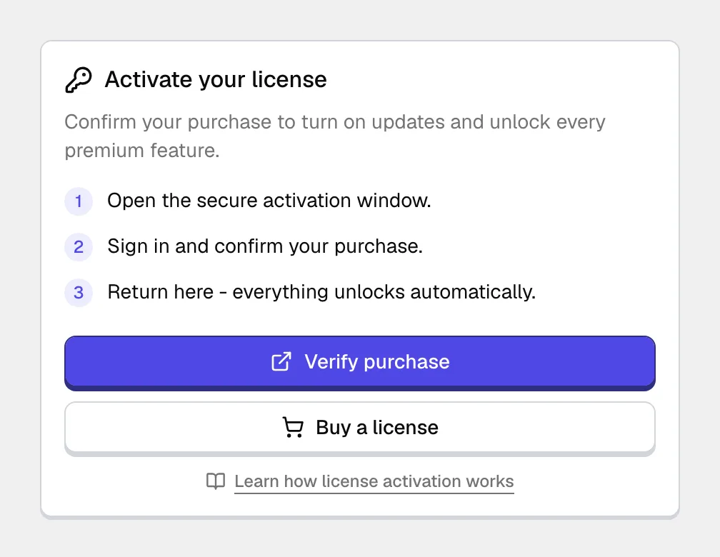 The License page after deactivation, showing the Activate your license card with three activation steps, a Verify purchase button, a Buy a license button, and a link to learn how license activation works.