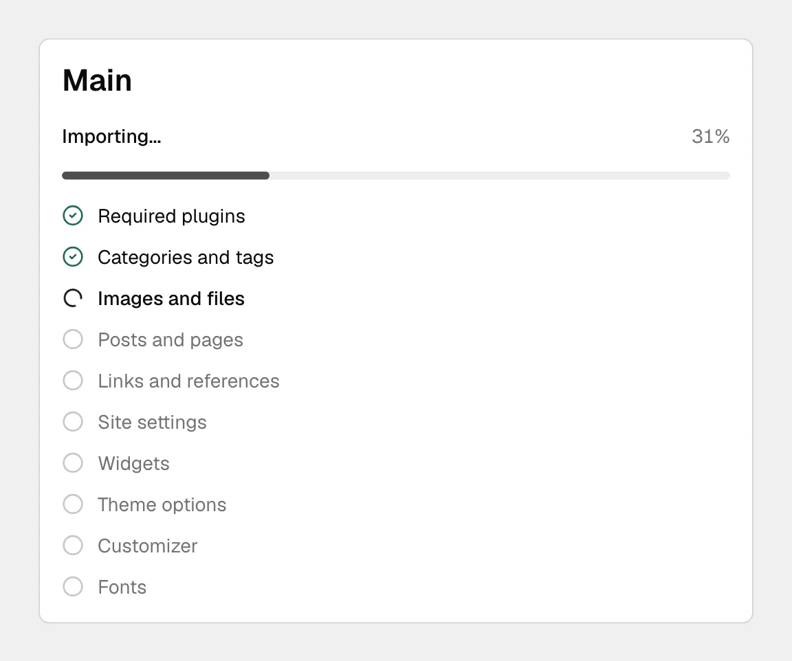 The import window at 31 percent, with Required plugins and Categories and tags ticked, Images and files marked as the current stage, and the remaining stages still waiting.