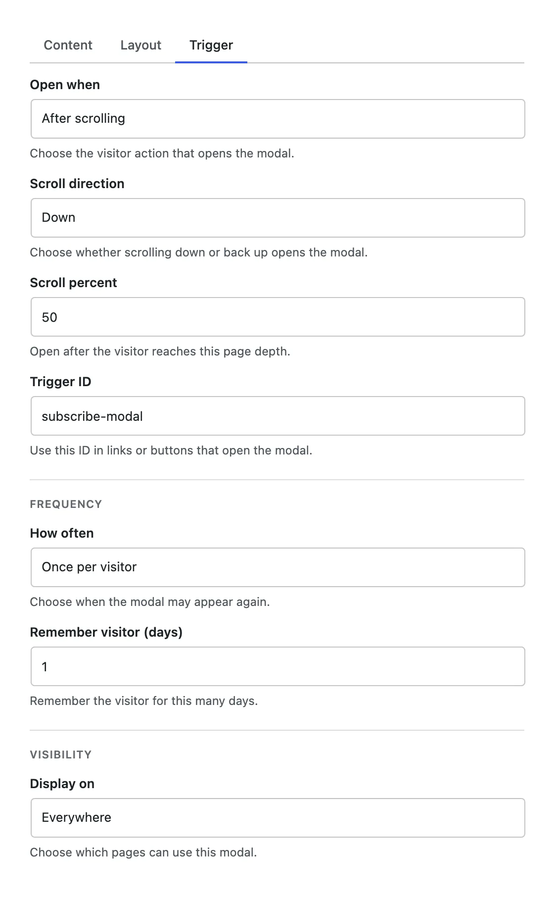 The Trigger tab of the Modal Configuration panel: Open when set to After scrolling at 50 percent down the page, the Trigger ID subscribe-modal, How often set to Once per visitor, and Display on set to Everywhere.