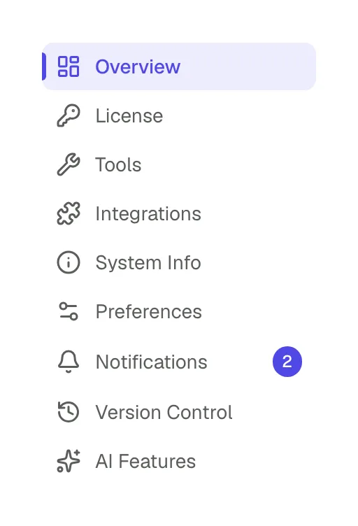 The theme dashboard's page list: Overview, License, Tools, Integrations, System Info, Preferences, Notifications, Version Control and AI Features.