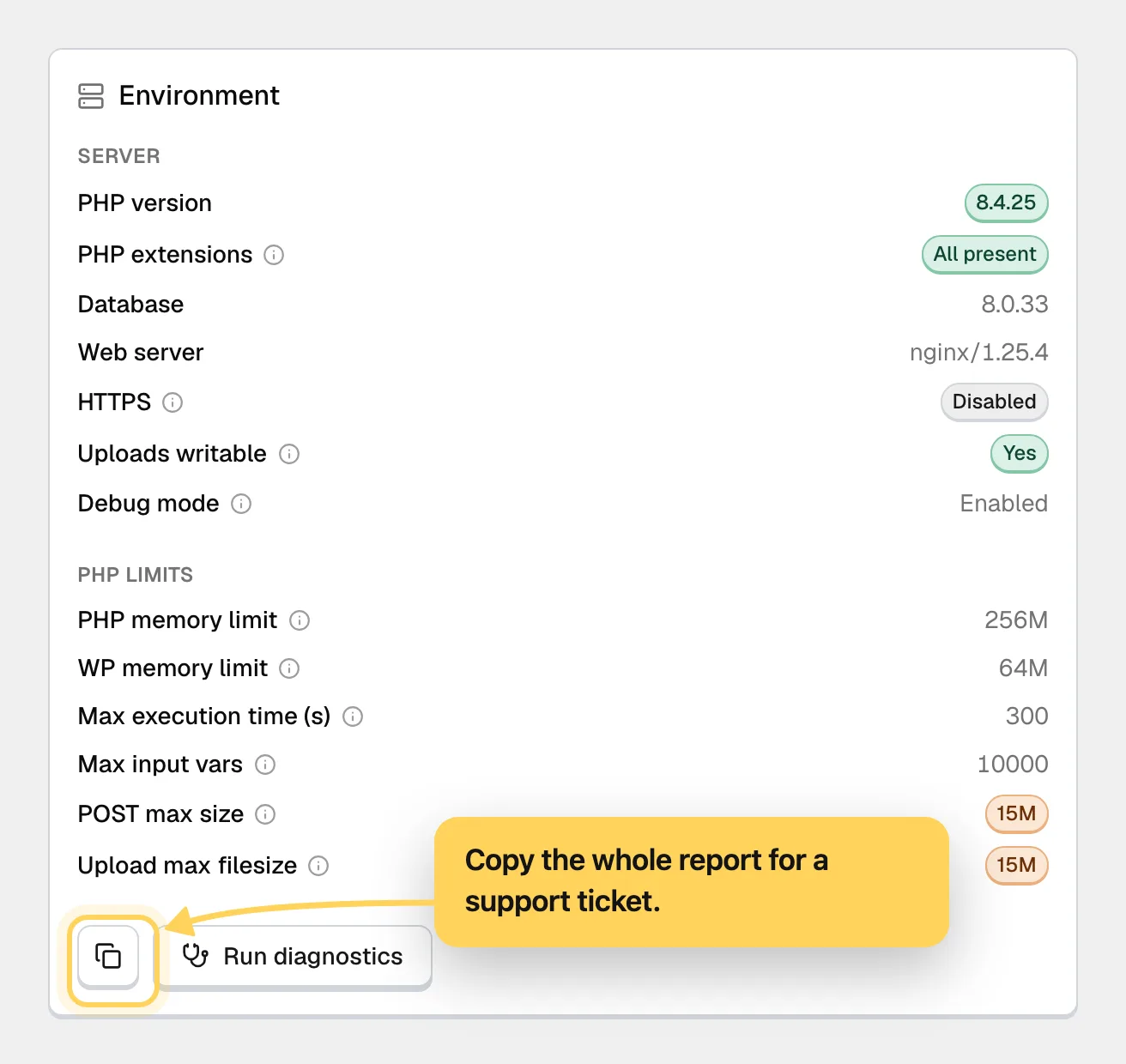 The environment card of System Info: a Server group with PHP version, PHP extensions, database, web server, HTTPS, uploads writable and debug mode, then a PHP Limits group with memory limits, execution time, input vars and upload sizes. A callout points at the copy button beside Run diagnostics: copy the whole report for a support ticket.