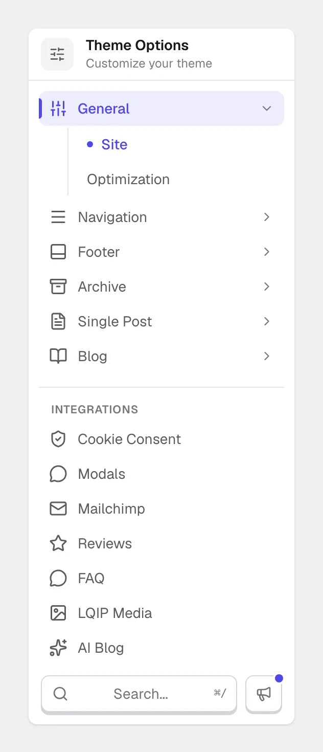 The Theme Options sidebar: the theme sections General, Navigation, Footer, Archive, Single Post and Blog at the top, then an Integrations group listing Cookie Consent, Modals, Mailchimp, Reviews, FAQ, LQIP Media and AI Blog.