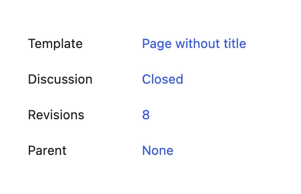 The page settings sidebar with Template set to Page without title, above the Discussion, Revisions and Parent rows