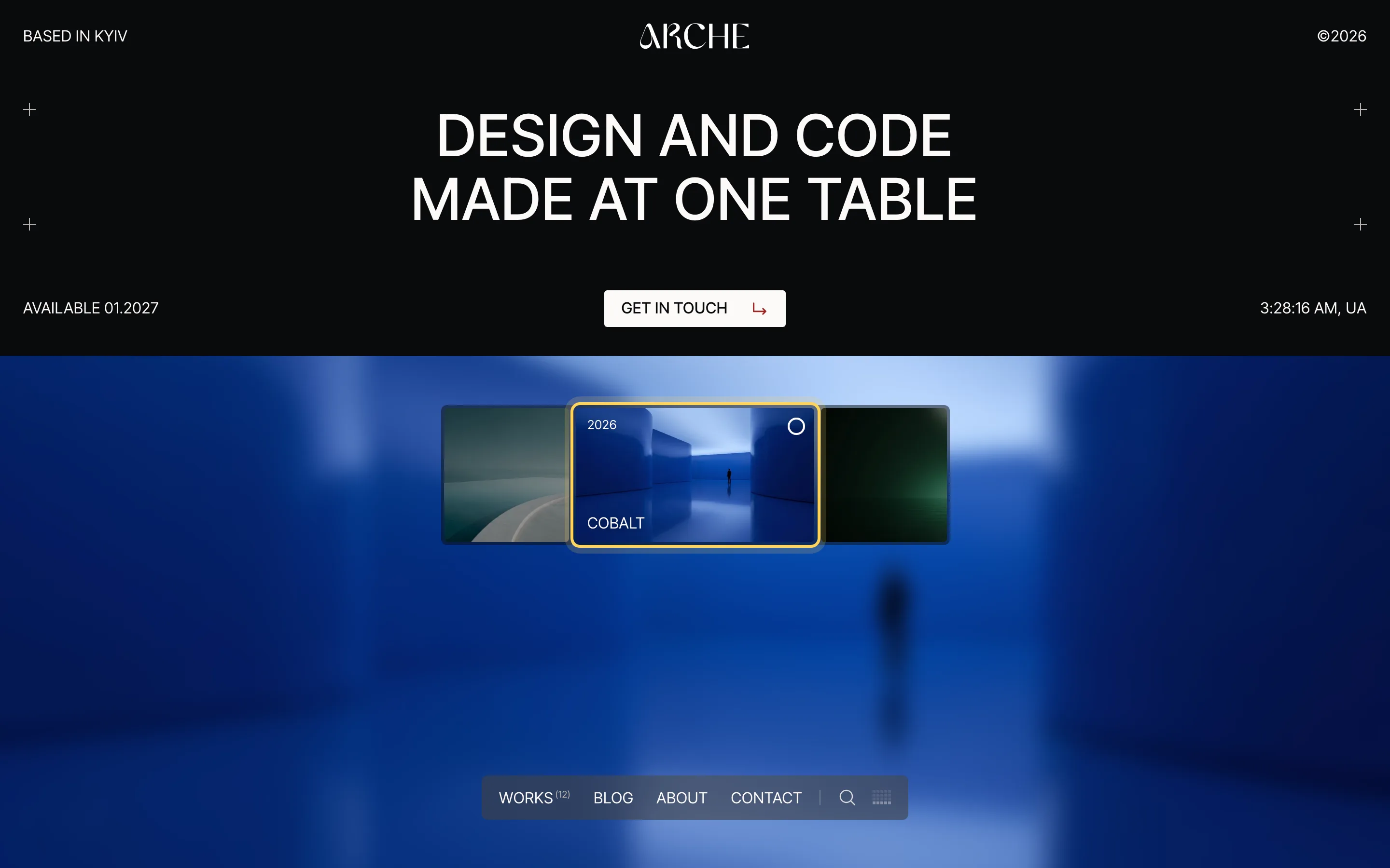 The home page slider with the active Cobalt slide ringed between two side slides, over a blurred blue background
