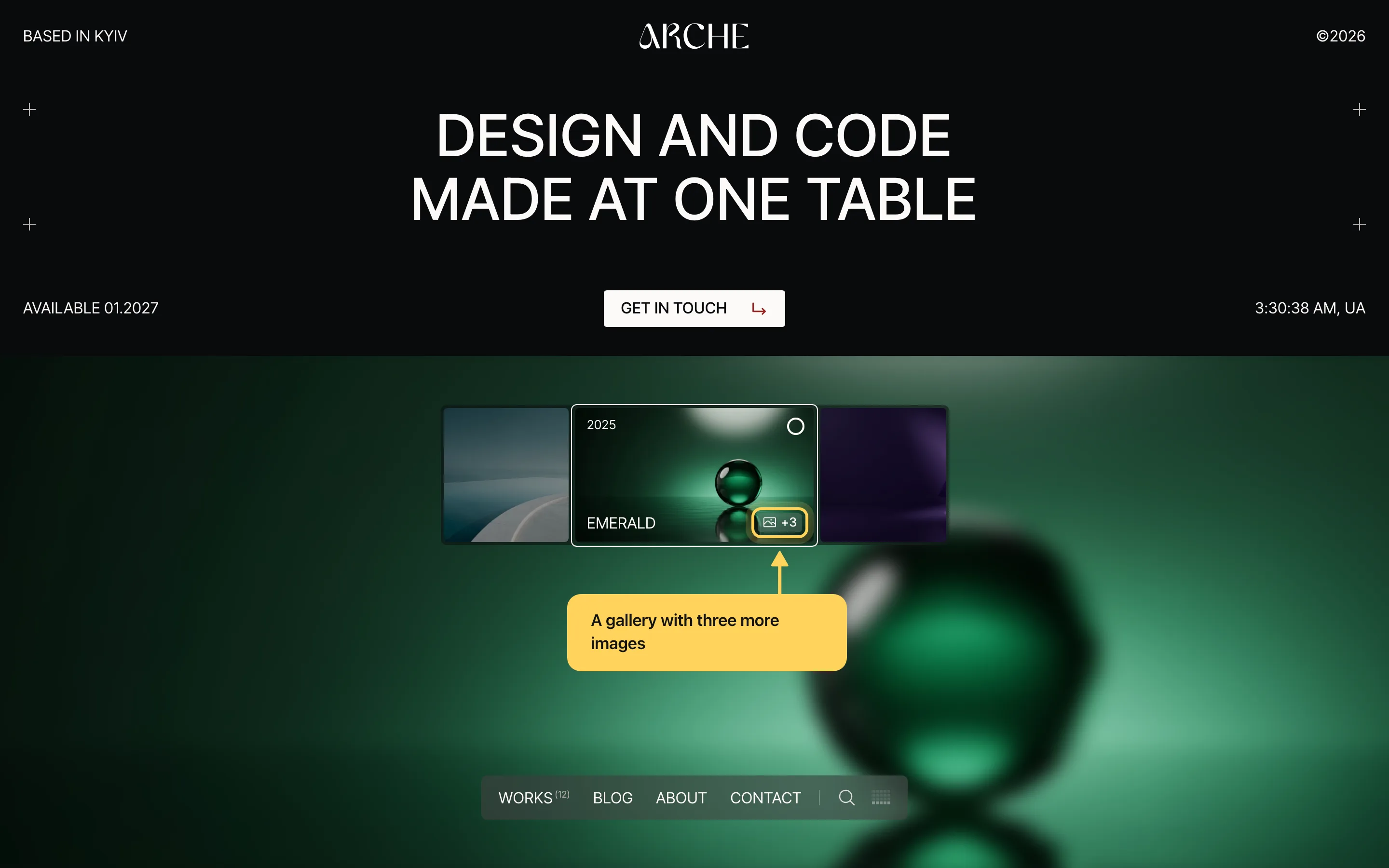 The active slide on the home page with the year 2025, the title Emerald and a gallery badge with +3 ringed