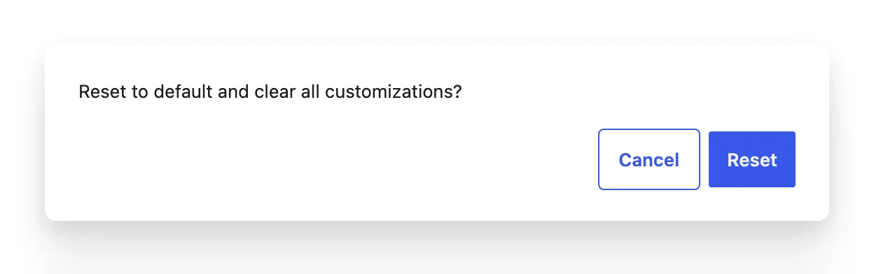 The confirmation dialog asking Reset to default and clear all customizations, with Cancel and Reset buttons