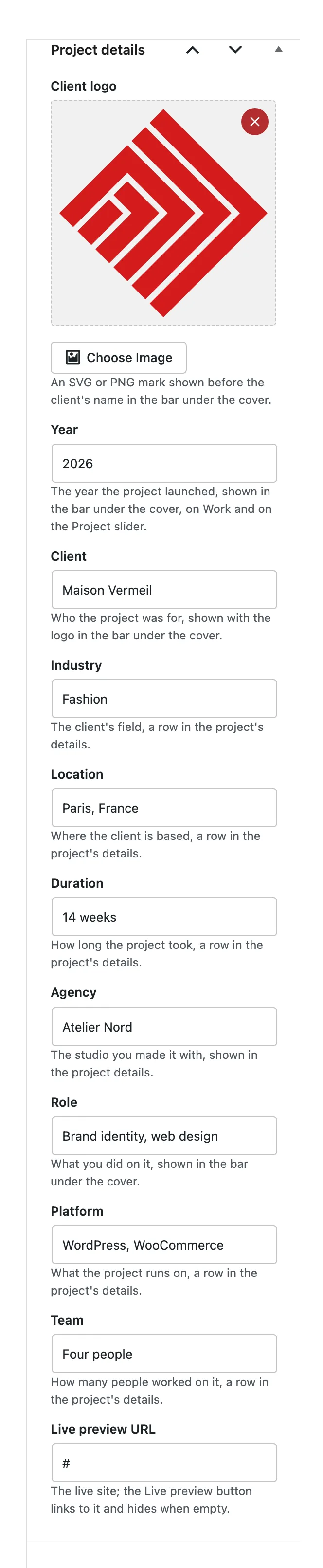 The Project details box in the sidebar with a client logo, Year, Client, Industry, Location, Duration, Agency, Role, Platform, Team and Live preview URL filled in