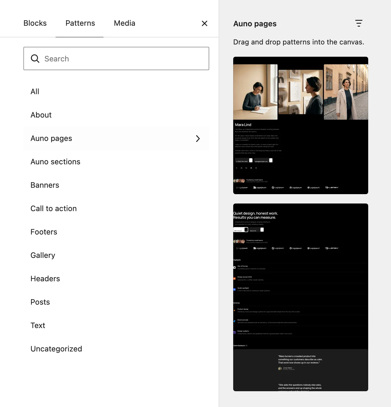The Patterns tab of the block inserter with the Auno pages category open, previewing the About and Home patterns