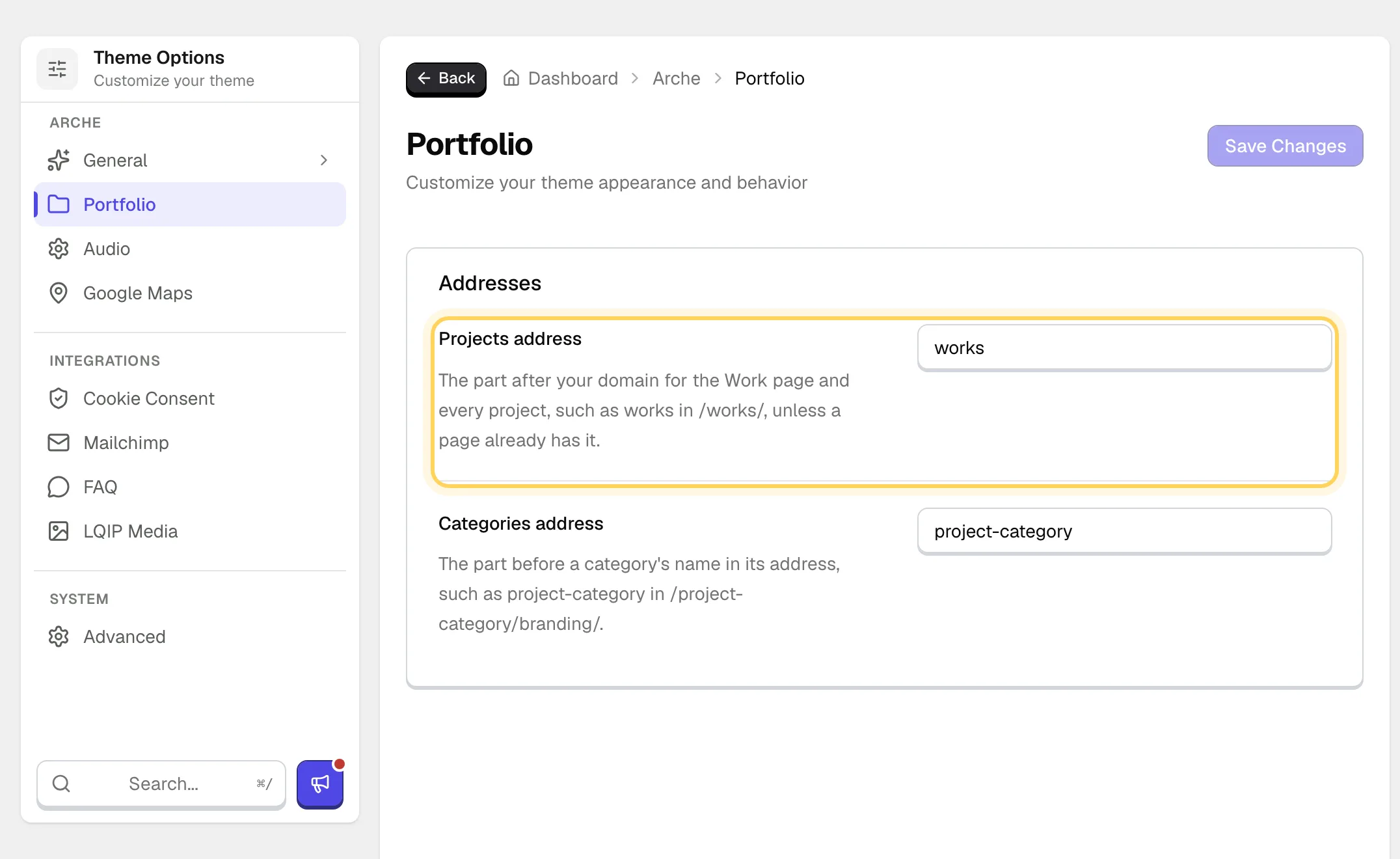 The Portfolio page of Theme Options with Projects address set to works, ringed, and Categories address set to project-category