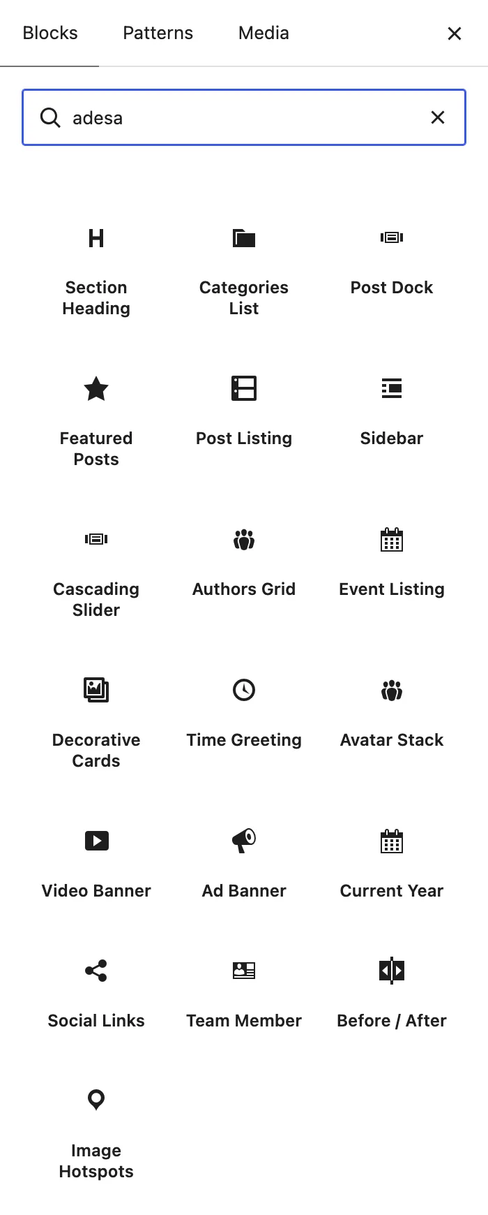 The block inserter searched for adesa, listing Section Heading, Categories List, Post Dock, Featured Posts, Post Listing, Sidebar, Cascading Slider, Authors Grid, Event Listing, Decorative Cards, Time Greeting, Avatar Stack, Video Banner, Ad Banner, Current Year, Social Links, Team Member, Before / After and Image Hotspots.
