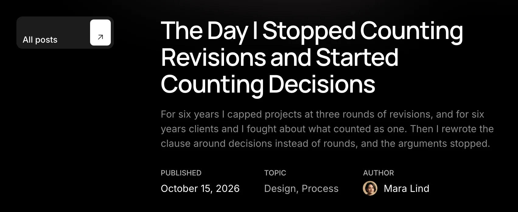 The top of a post: the All posts button left of the title, the lead under it, and the Published, Topic and Author columns with the author's photo