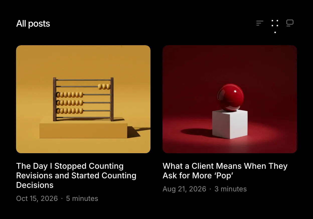 The All posts section in the grid view: two post cards with large covers, and the list, grid and exposition buttons beside the title with a dot under Grid