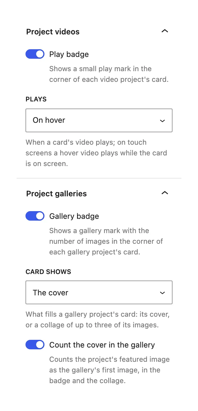 The Project videos and Project galleries panels of a Post Template block, with Play badge on, Plays set to On hover, Gallery badge on, Card shows set to The cover and Count the cover in the gallery on