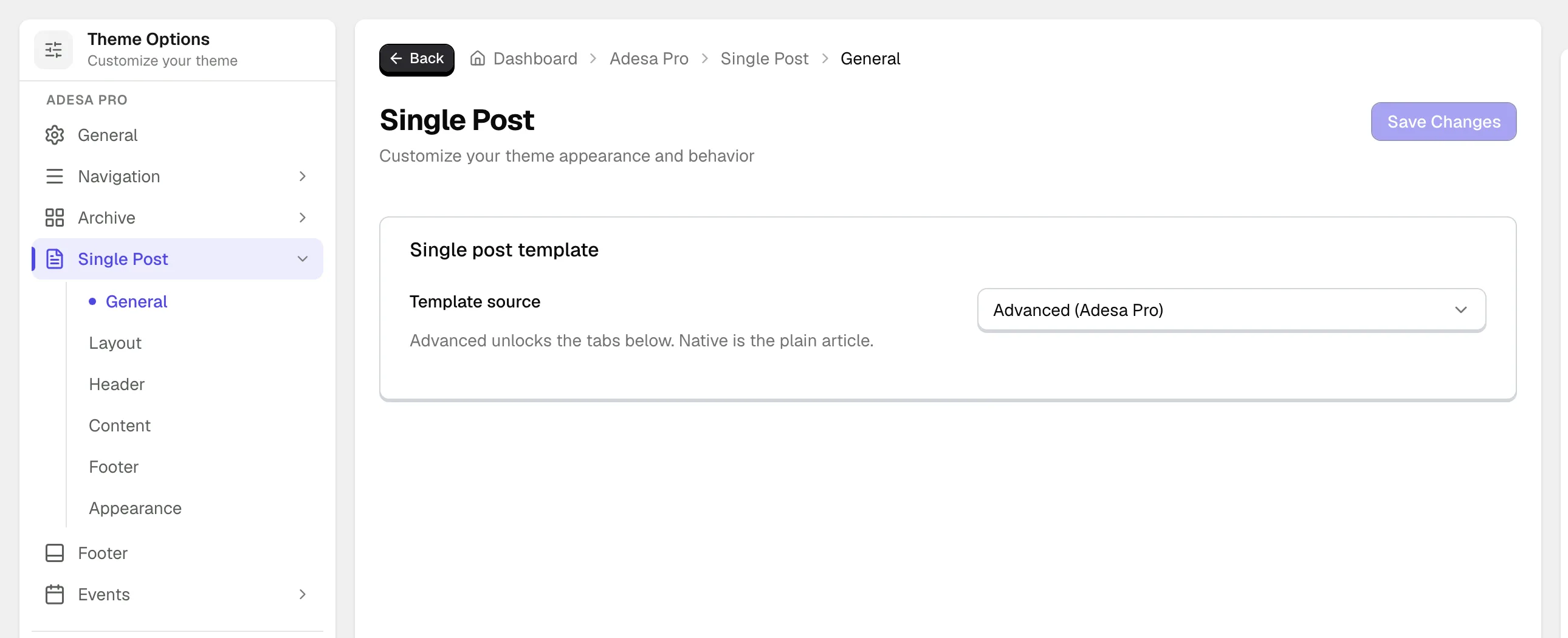 Theme Options with the Adesa Pro pages in the left column: General, Navigation, Archive, Single Post with its sub-pages General, Layout, Header, Content, Footer and Appearance, then Footer and Events.