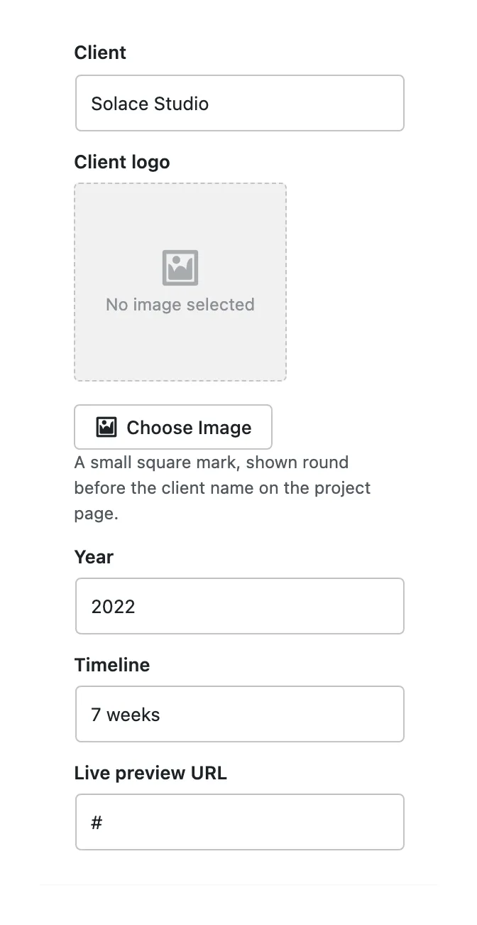 The Project box with the Client, Client logo, Year, Timeline and Live preview URL fields