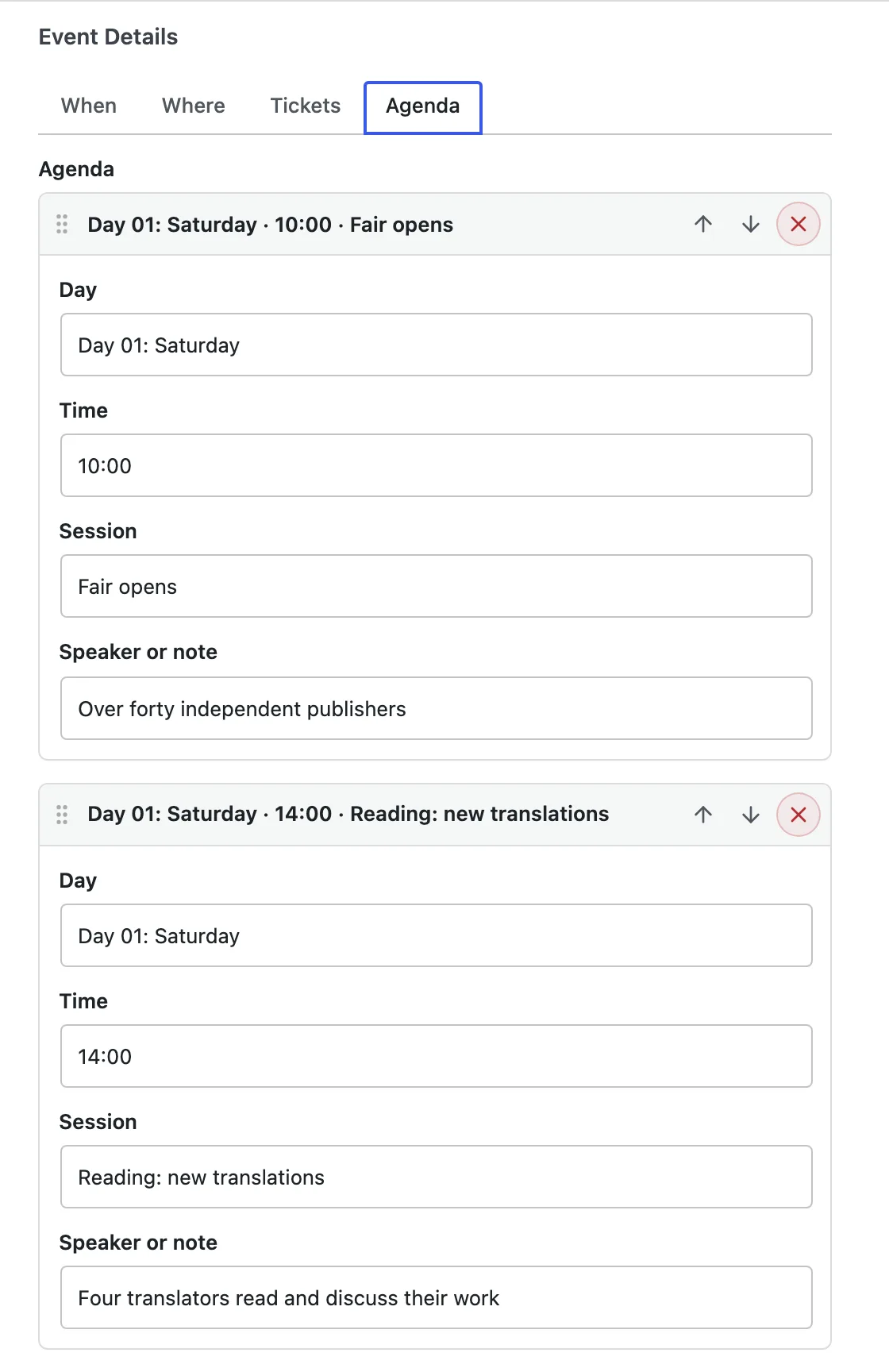 The Agenda tab with two sessions on Day 01: Saturday, one at 10:00 titled Fair opens and one at 14:00 titled Reading: new translations, each with a speaker note.