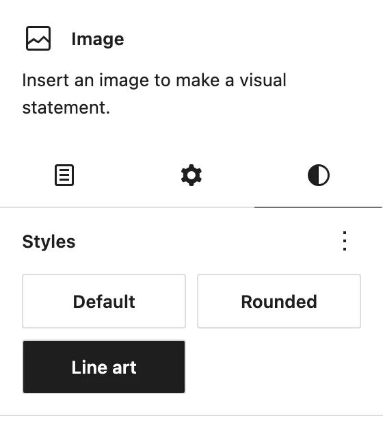 The Styles panel of an Image block with three styles, Default, Rounded and Line art, and Line art selected.