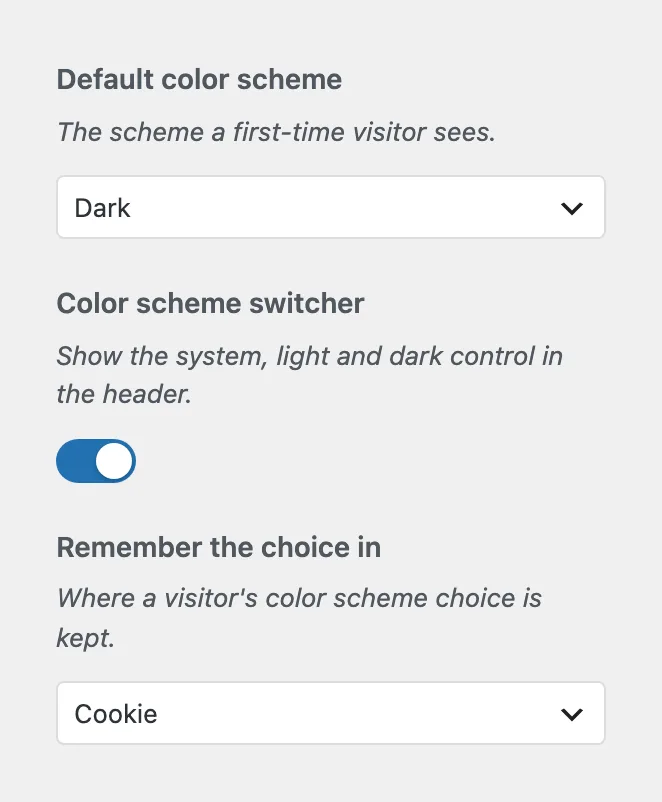The Color scheme section of the Auno Theme panel with Default color scheme set to Dark, the switcher on and the choice kept in a cookie