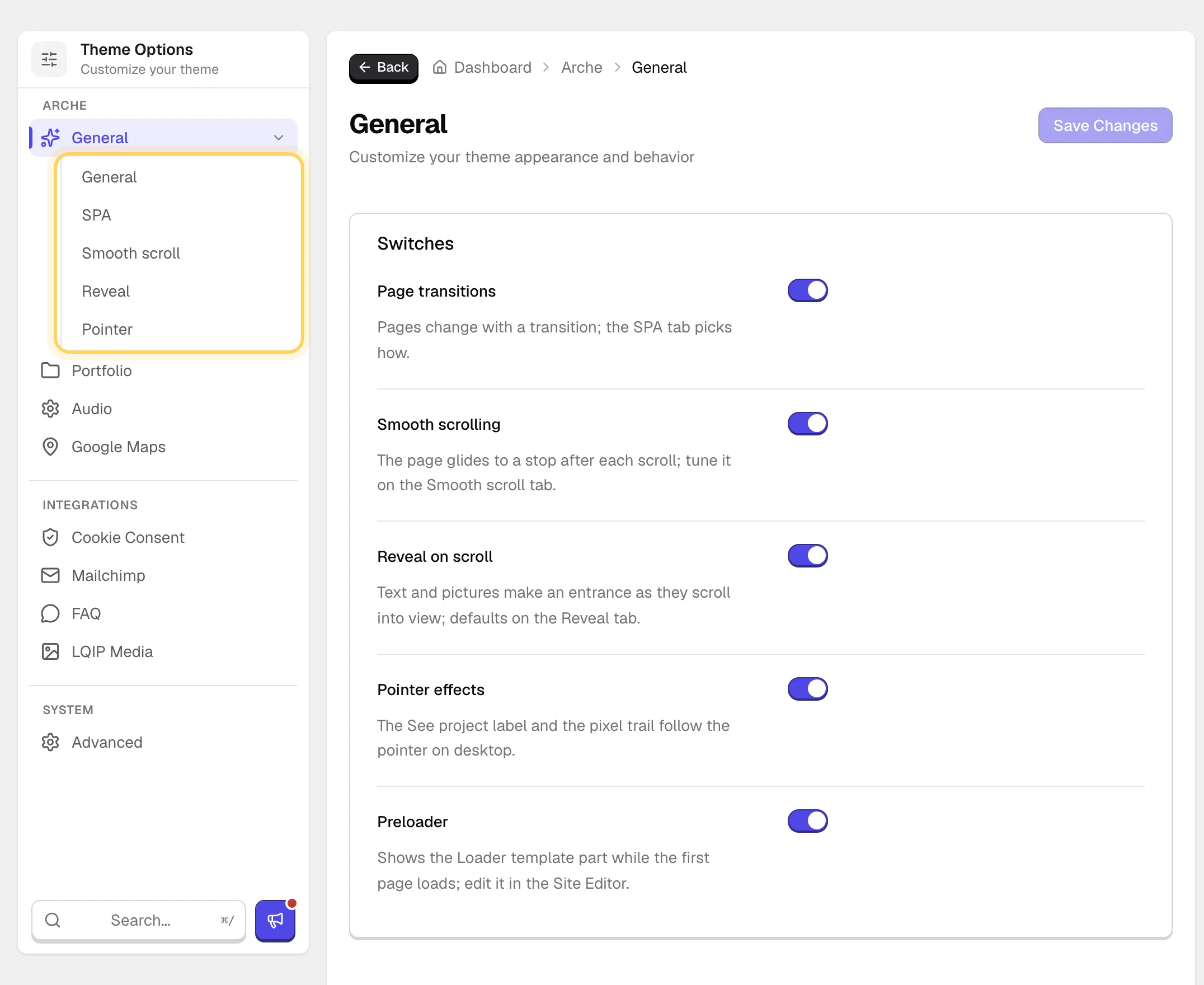 The General page of Theme Options with five switches on, and the General, SPA, Smooth scroll, Reveal and Pointer tabs ringed in the left menu