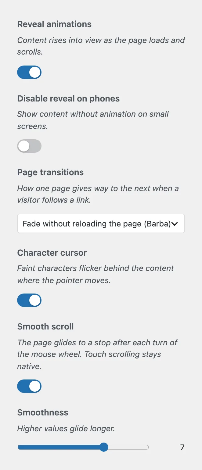 The General section of the Auno Theme panel with Reveal animations, Disable reveal on phones, Page transitions, Character cursor, Smooth scroll and Smoothness