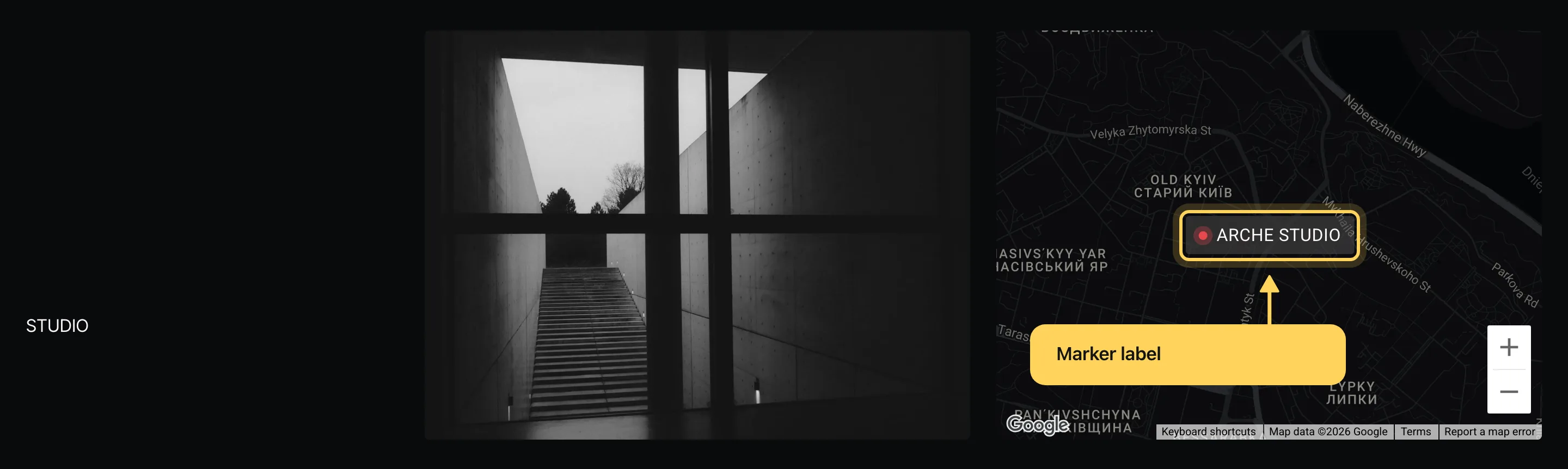The Studio section of the Contact page with a picture on the left and a dark map on the right, its marker label ringed