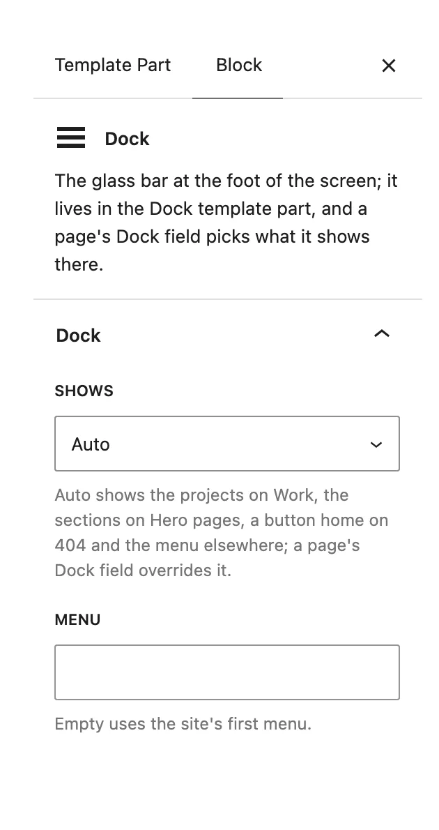 The Dock block sidebar in the Site Editor with Shows set to Auto and an empty Menu field