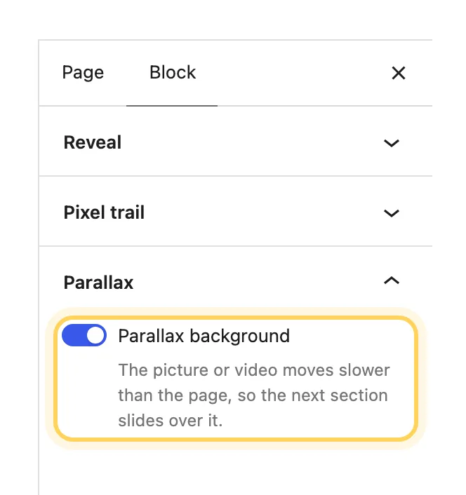 The block sidebar of a Cover with the Reveal, Pixel trail and Parallax panels, and Parallax background turned on