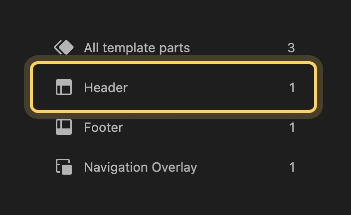 The Patterns sidebar listing All template parts, Header, Footer and Navigation Overlay, with Header highlighted