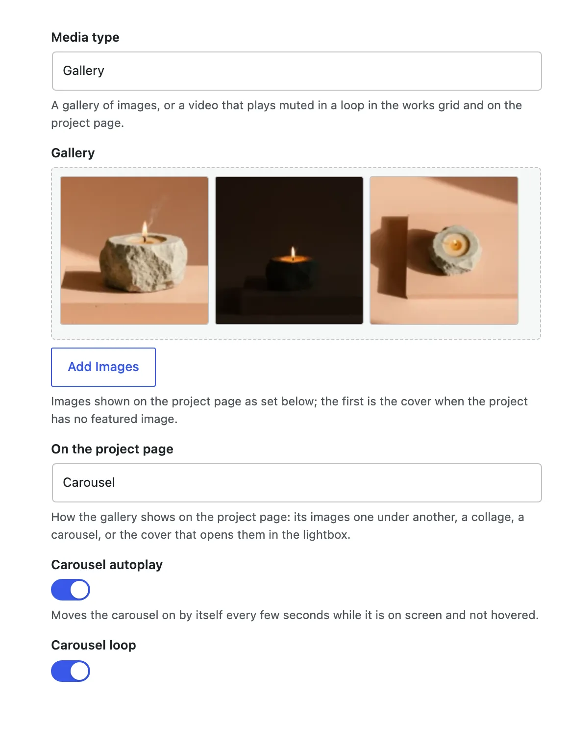 The Project media box with Media type set to Gallery, three gallery images, On the project page set to Carousel and the carousel autoplay and loop switches on