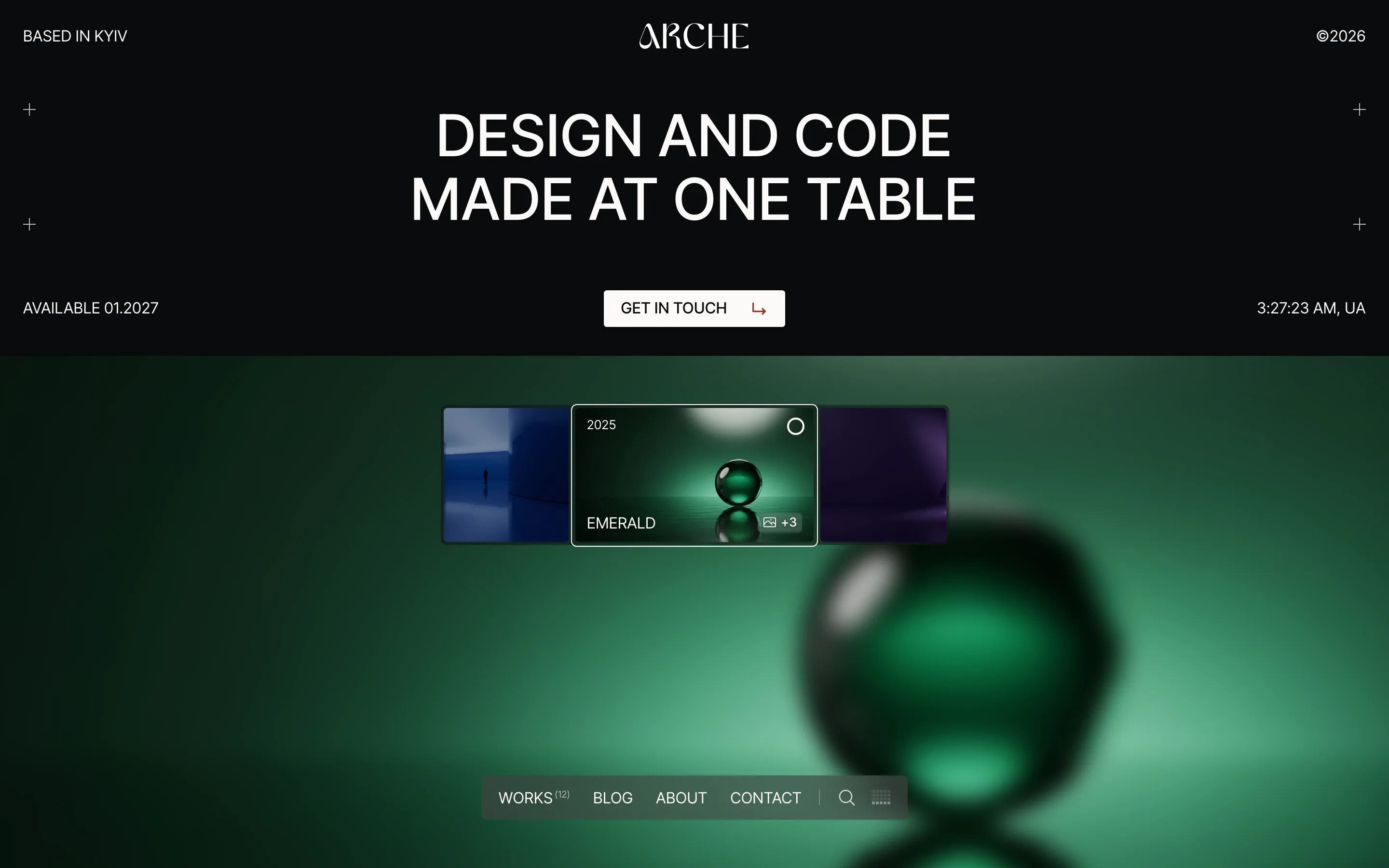Arche home page with a large headline, a row of project covers over a blurred background and the glass dock at the bottom