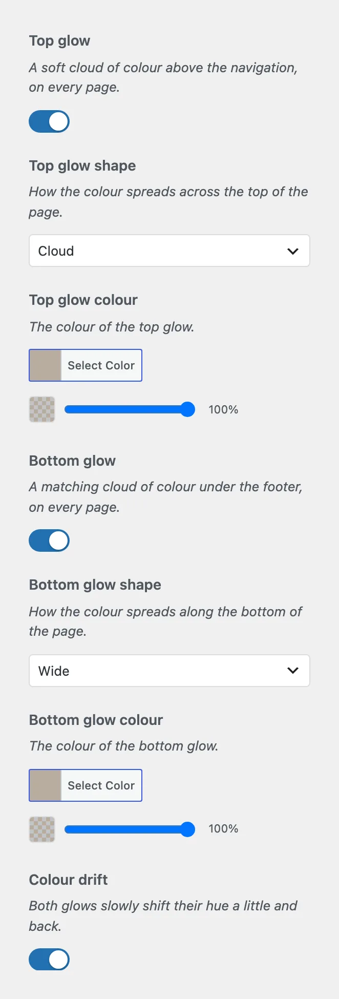 The Glow section of the Auno Theme panel with the top and bottom glow, their shapes and colors, and Colour drift