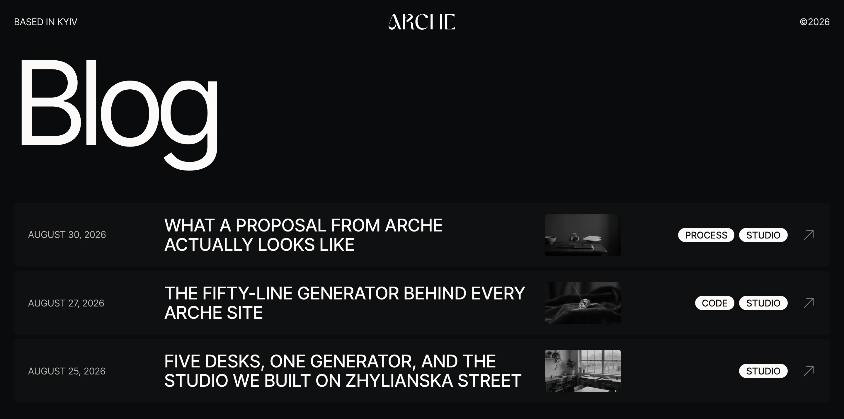 The Blog page with a large Blog title and three post rows, each with a date, a title, a black-and-white thumbnail and category pills