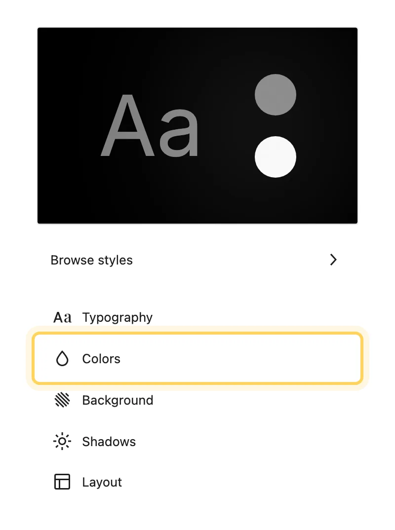 The Styles panel with the active style preview, Browse styles, Typography, Colors, Background, Shadows and Layout, with Colors highlighted