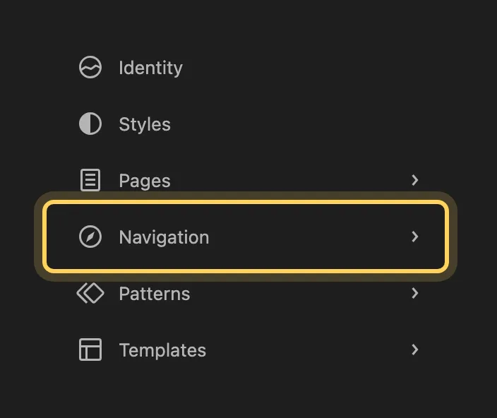 The Site Editor menu listing Identity, Styles, Pages, Navigation, Patterns and Templates, with Navigation highlighted